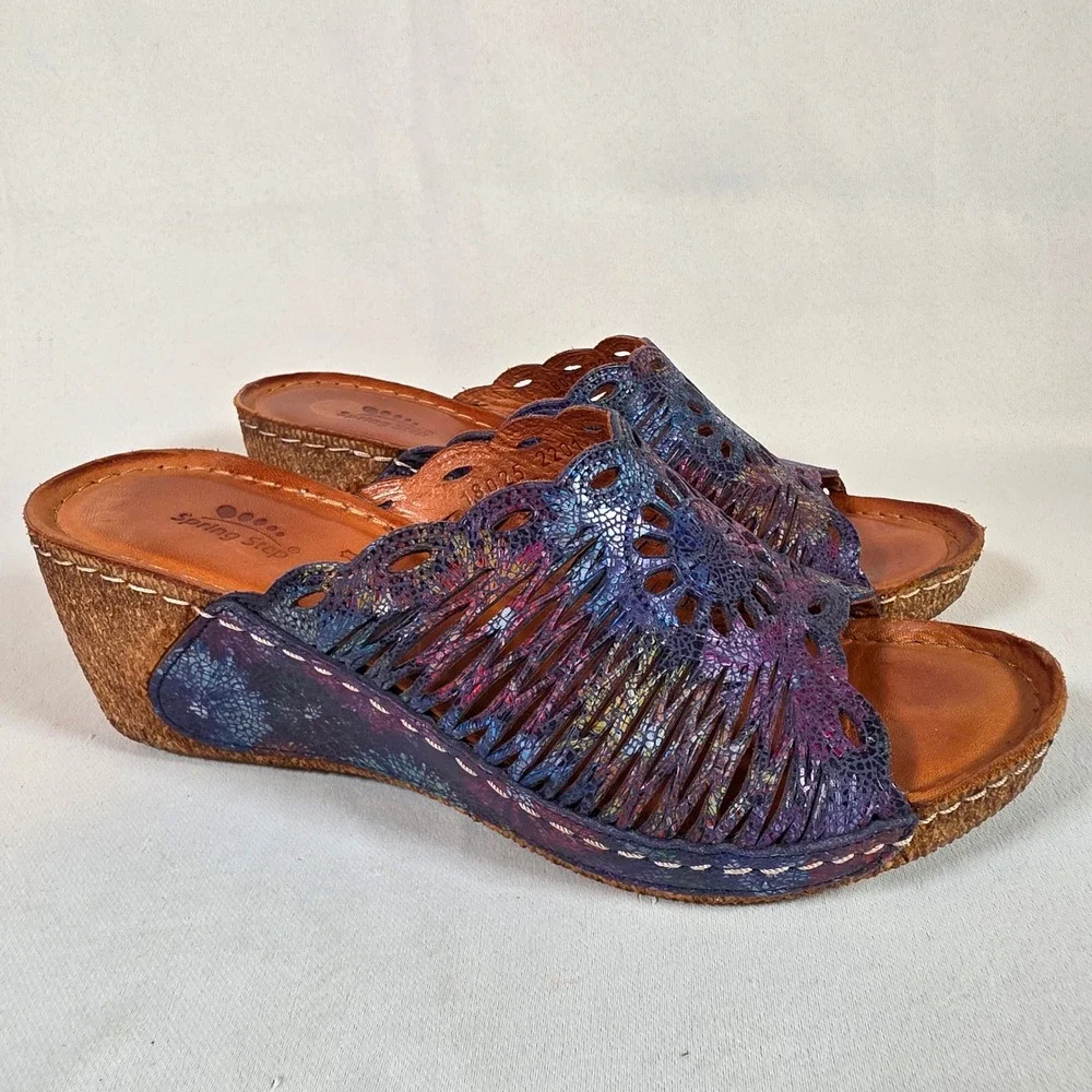 Spring Step Purple Iridescent Leather Womens 38 Wedge Slide Sandals Laser Cut